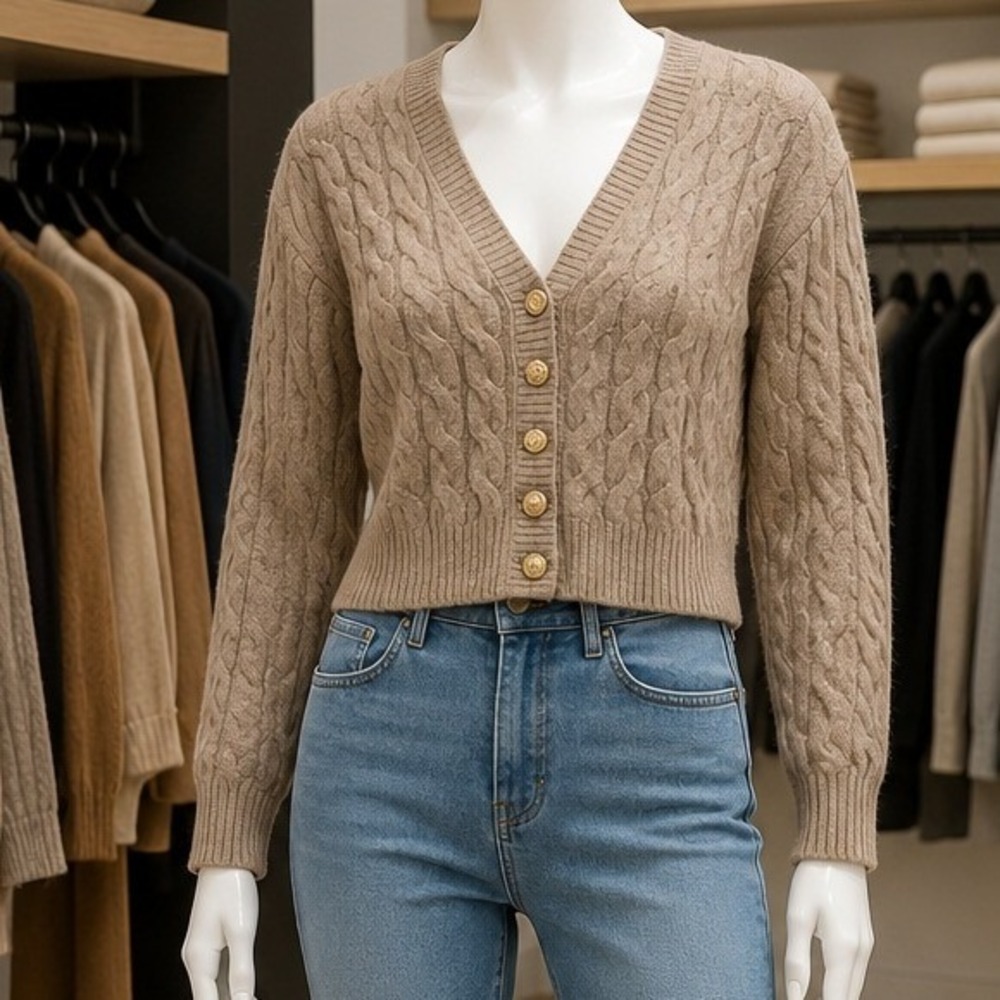 H&M Womens Cardigan Taupe Cable Knit Cropped Gold Button‎ Small